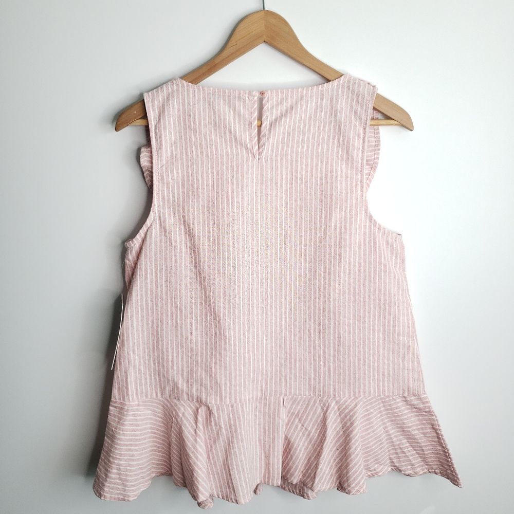 See And Be Seen Ruffle Striped Pink Top Blouse Sleeveless Cotton Career NWT - Picture 2 of 8